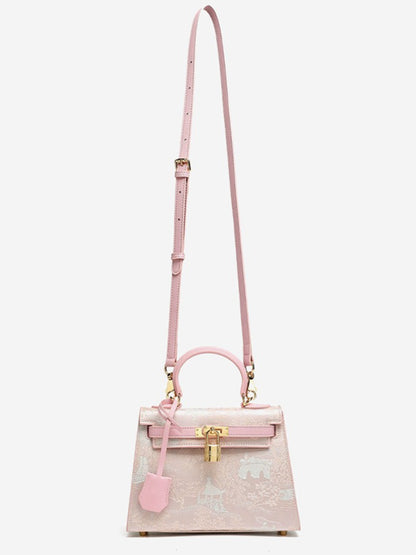 Elegant Oriental Brocade Genuine Leather Kelly Clutch Bag with Charm
