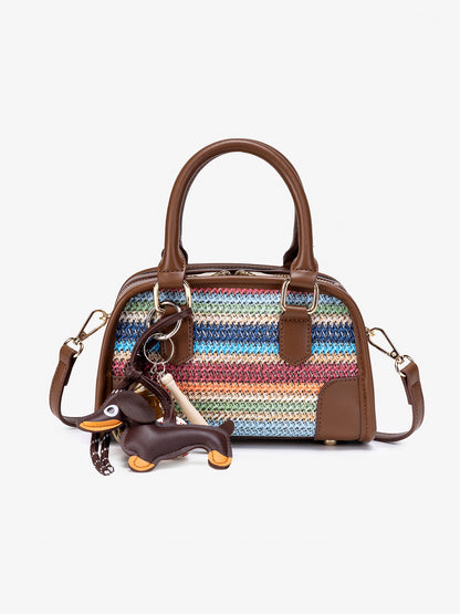 Vivacious Rainbow Striped Vegan Eco-leather Boston Clutch Bag with Cute Dachshund Charm