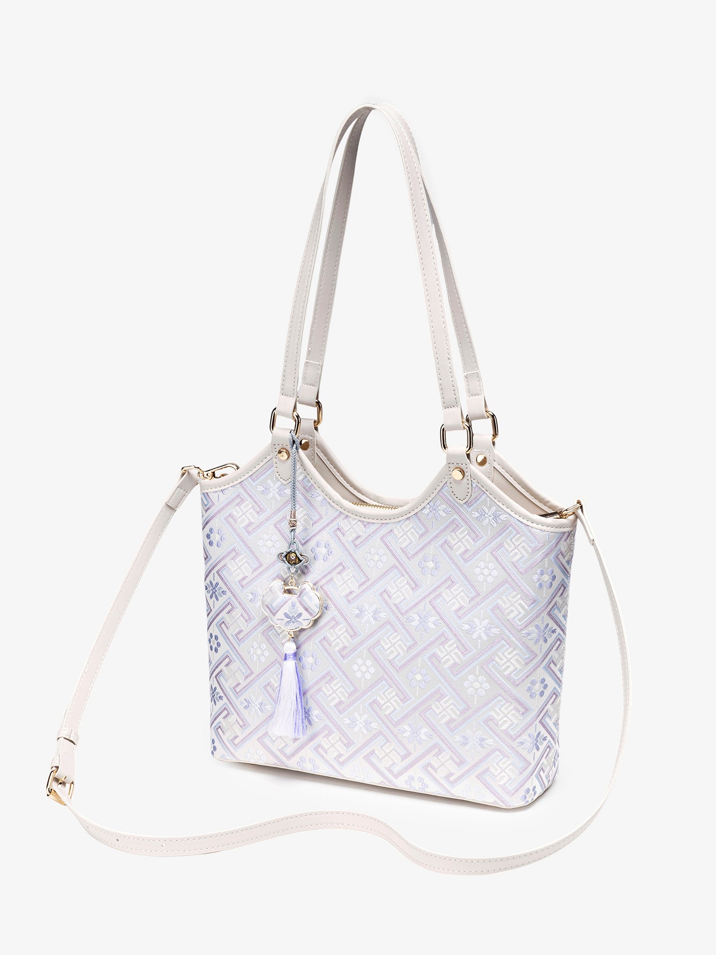 Refined Brocade Vegan Eco-Leather Tote Clutch Bag with Intricate Tassel Charm