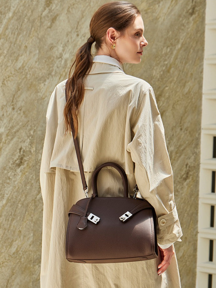 Luxury Retro Genuine Leather Lychee Pattern Double Buckle Tote Crossbody Bag