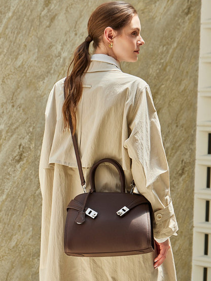 Luxury Retro Genuine Leather Lychee Pattern Double Buckle Tote Crossbody Bag