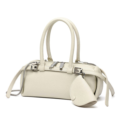 Refined Genuine Leather Petite Boston Clutch Bag with Mini Pouch