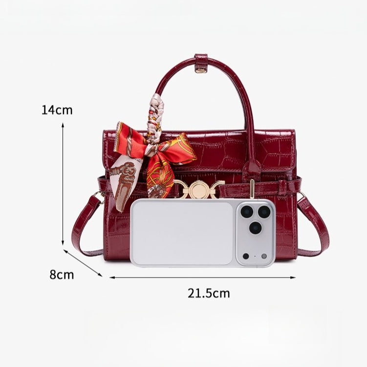 Gentle Glossy Croc Vegan Eco-Leather Satchel Clutch Bag with Silk Scarf Charm