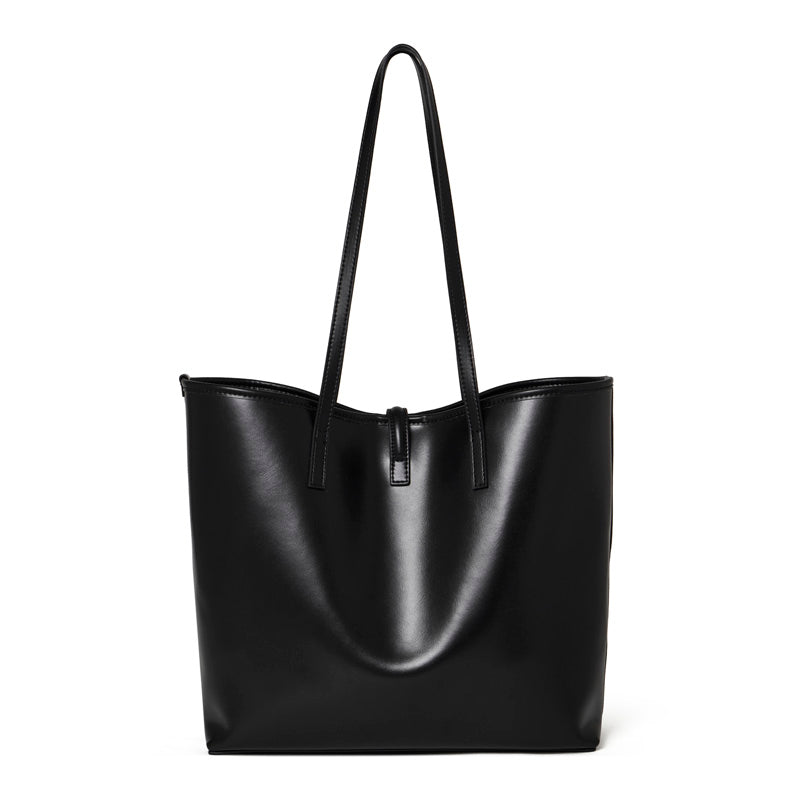 Set di ampie borse tote semplici in vera pelle, minimaliste, da spalla