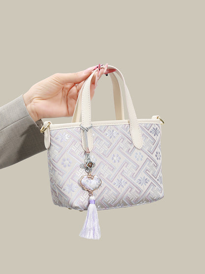 Mellow Oriental Jacquard Vegan Eco-Leather Tote Clutch Bag with Tassel Charm