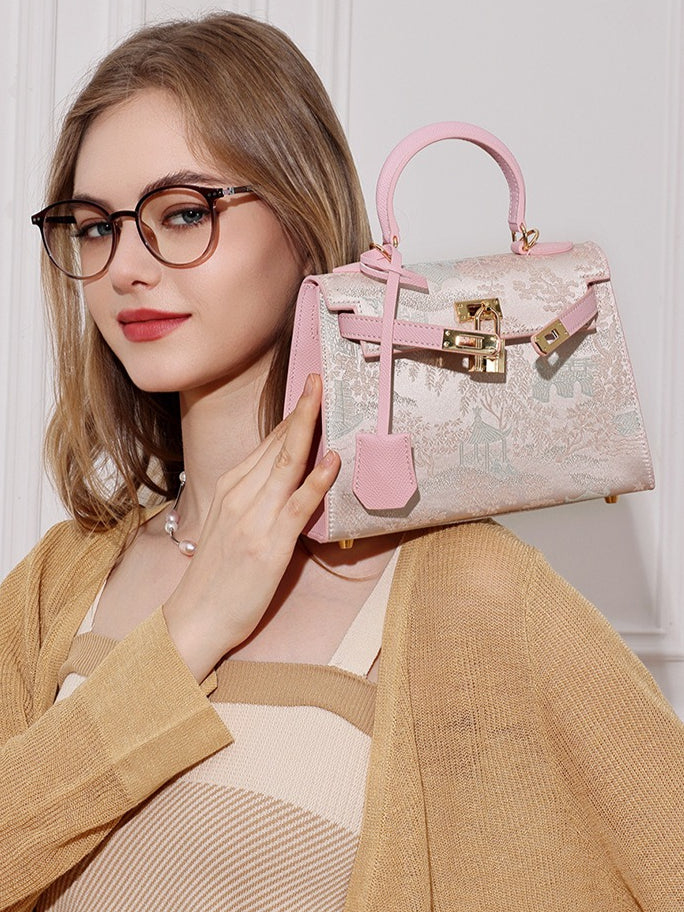 Elegant Oriental Brocade Genuine Leather Kelly Clutch Bag with Charm