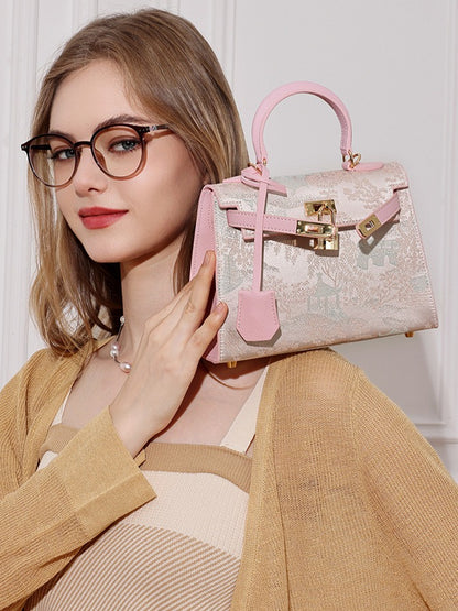 Elegant Oriental Brocade Genuine Leather Kelly Clutch Bag with Charm