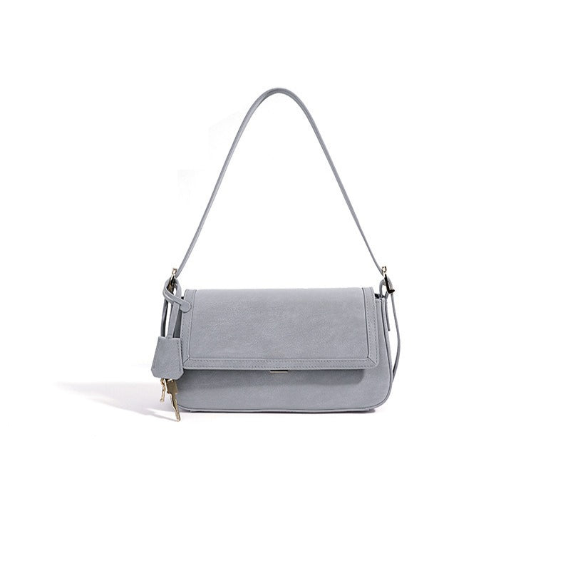 Refined Genuine Leather Shoulder Clutch Bag with Key Charm