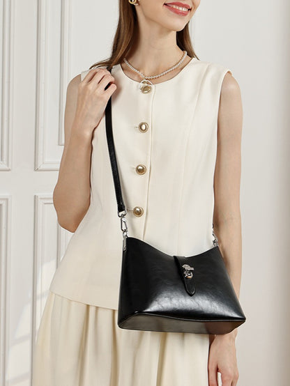 Classic Genuine Leather Underarm Bag with Metal Buckle