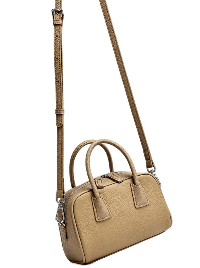 Cushiony Pebbled Genuine Leather Mini Boston Clutch Bag