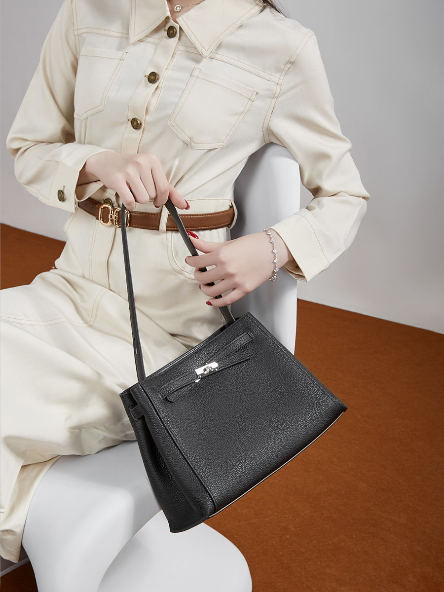 Ampia borsa tote a secchiello versatile in vera pelle Kelly sofisticata