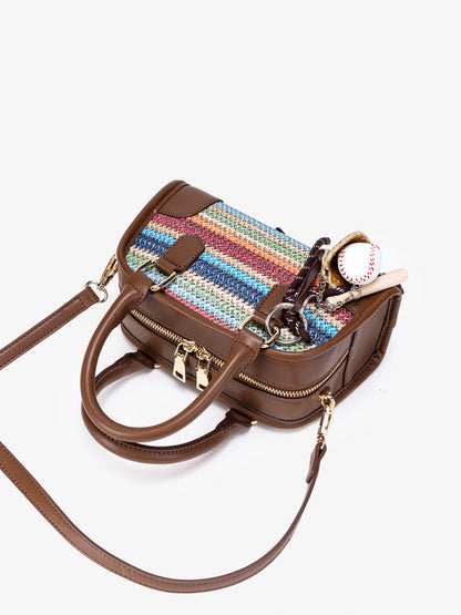 Vivacious Rainbow Striped Vegan Eco-leather Boston Clutch Bag with Cute Dachshund Charm