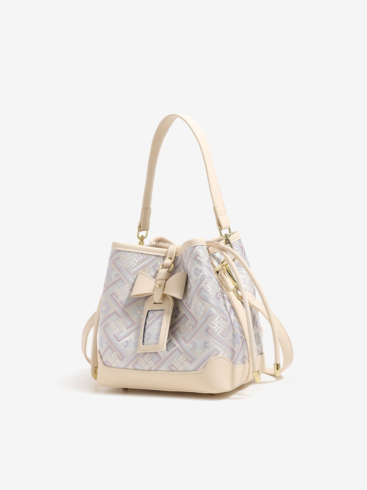 Delicate Geometric Vegan Eco-Leather Petite Bucket Clutch Bag with Bow Knot Charm