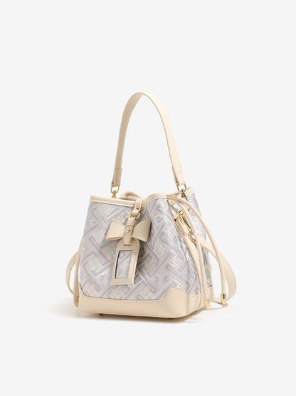 Delicate Geometric Vegan Eco-Leather Petite Bucket Clutch Bag with Bow Knot Charm