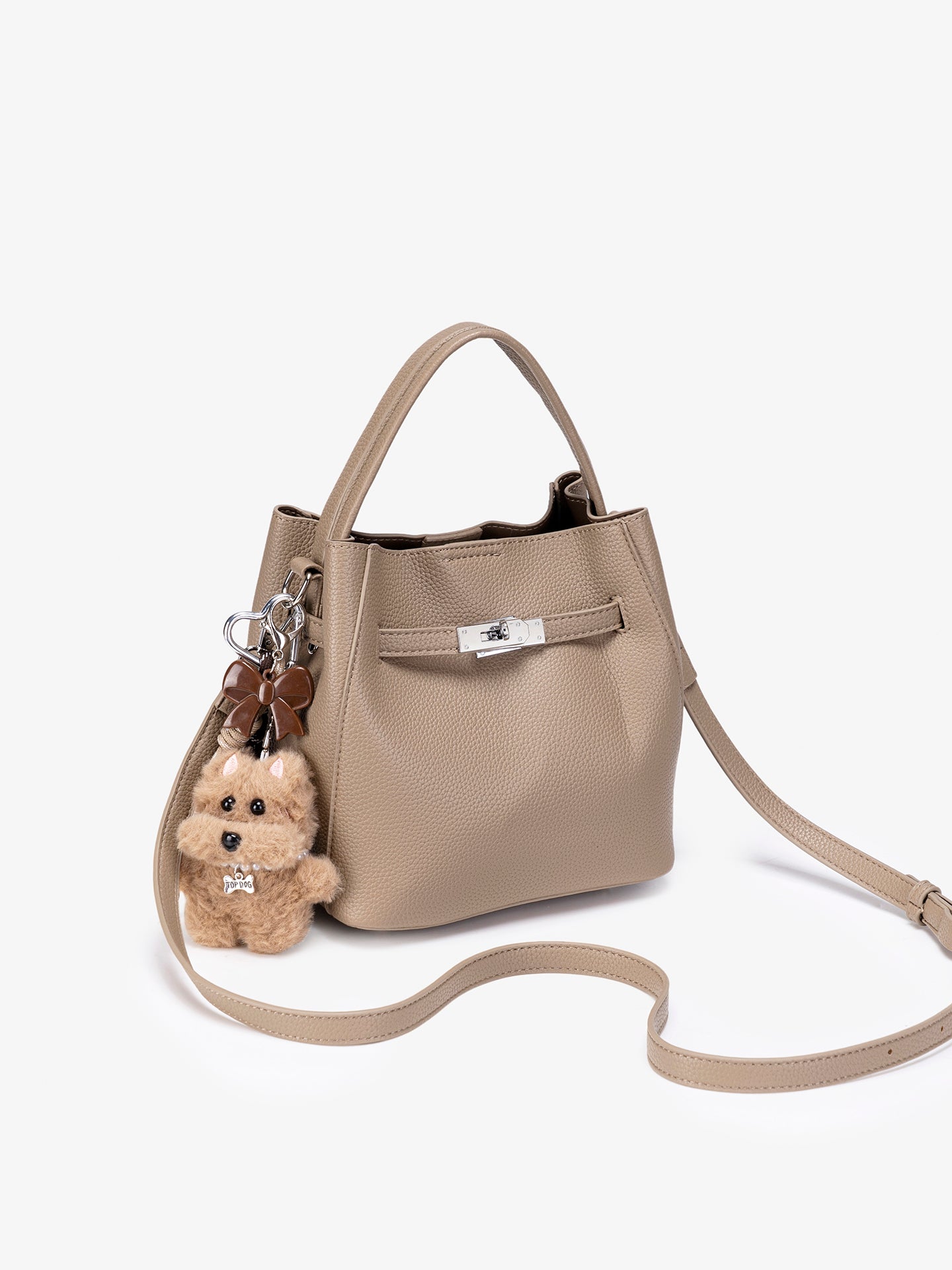 Mellow Pebble Textured Vegan Eco-Leather Bucket Bag with Fluffy Puppy Charm