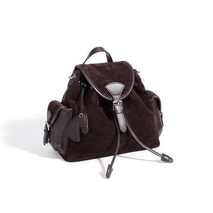 Vintage Suede Genuine Leather Flap Drawstring Backpack