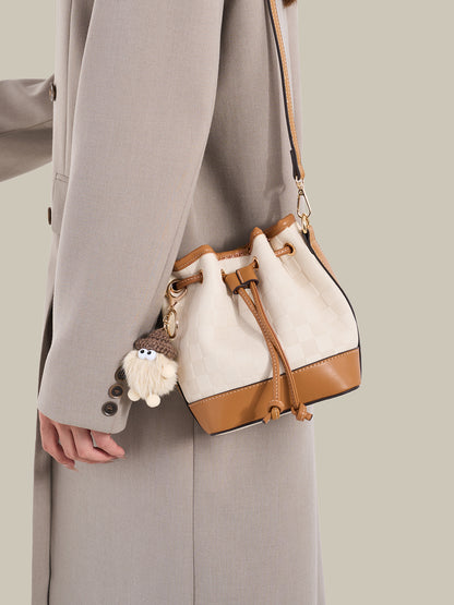 Vintage Checkerboard Vegan Eco-Leather Bucket Clutch Bag with Fluffy Charm