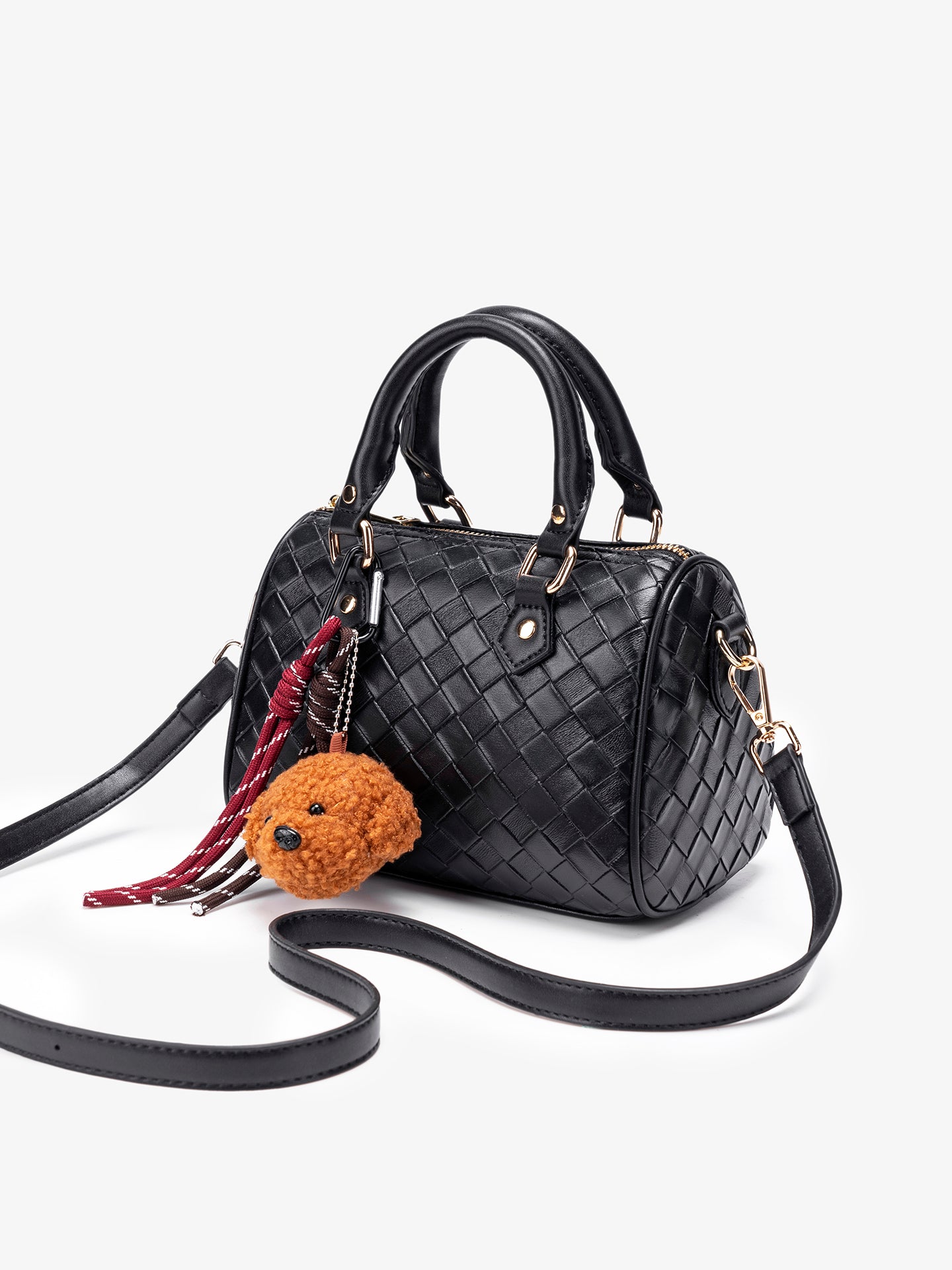 Exquisite Woven Vegan Eco-Leather Boston Clutch Bag with Playful Teddy Charm