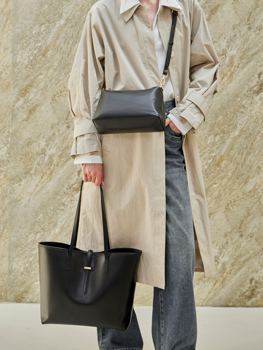 Set di ampie borse tote semplici in vera pelle, minimaliste, da spalla