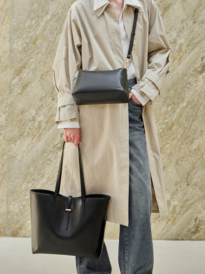 Set di ampie borse tote semplici in vera pelle, minimaliste, da spalla