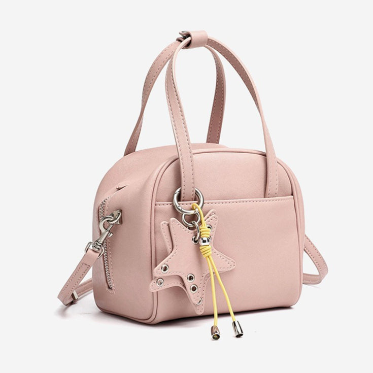 Chic Petite Genuine Leather Mini Boston Clutch Bag with Playful Star Charm