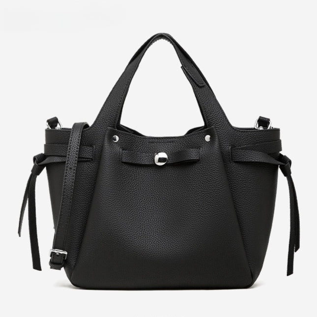 The Pebbled Genuine Leather Mini Bucket Tote Bag with Turn-Lock Closure