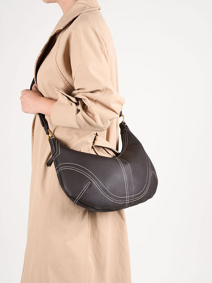 The Pebbled Genuine Leather Hobo Shoulder Bag with Contrast Stitching