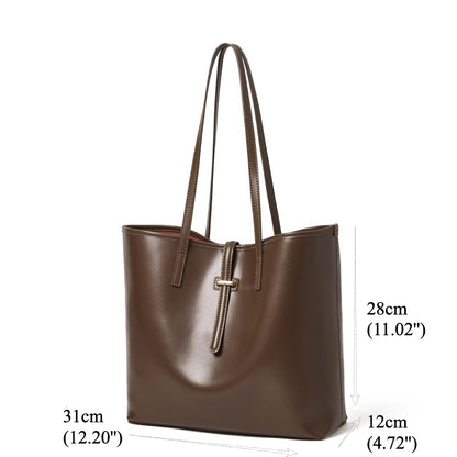 Spacious Plain Genuine Leather Tote Set Minimalist Shoulder Bag
