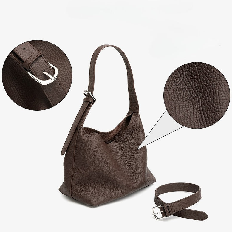 Versatile Genuine Leather Hobo Bucket Bag with Adjustable Shoulder Strap