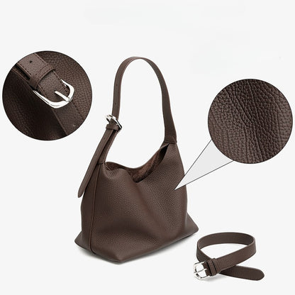 Versatile Genuine Leather Hobo Bucket Bag with Adjustable Shoulder Strap
