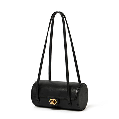 Bolso de mano tipo clutch nostálgico de cuero genuino color caviar, con forma de baguette tubular