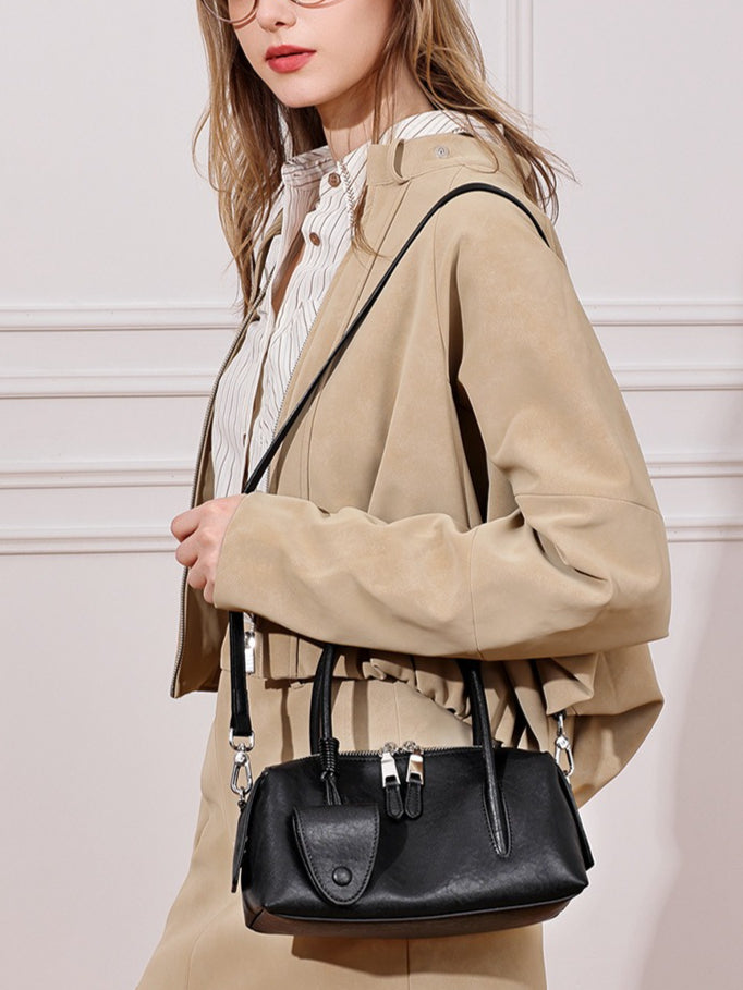 Minimalist Genuine Leather Boston Clutch Bag with Detachable Leather Tag Charm