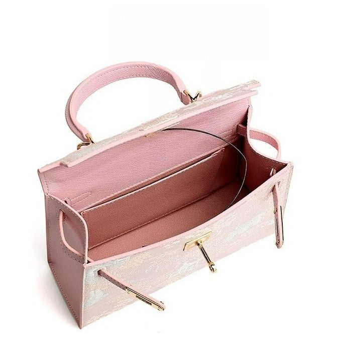 Elegant Oriental Brocade Genuine Leather Kelly Clutch Bag with Charm