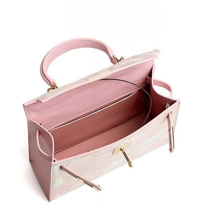Elegant Oriental Brocade Genuine Leather Kelly Clutch Bag with Charm