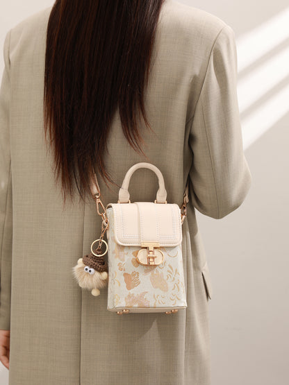 Elegant Oriental Jacquard Mini Flap Phone Clutch Bag with Furry Charm