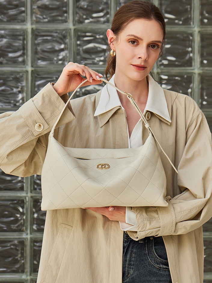 Elegant Quilted Sheepskin Leather Hobo Clutch Bag