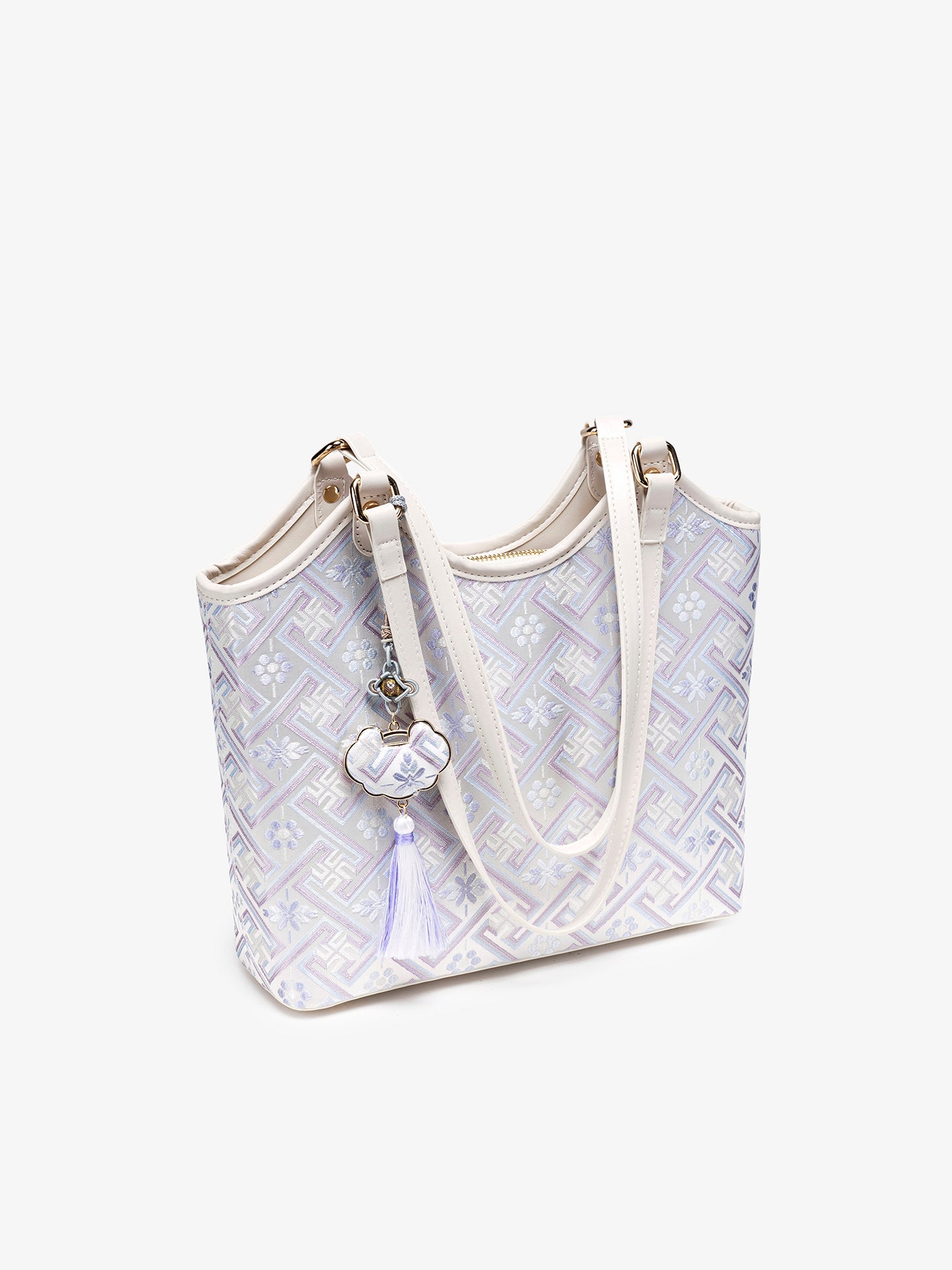 Refined Brocade Vegan Eco-Leather Tote Clutch Bag with Intricate Tassel Charm