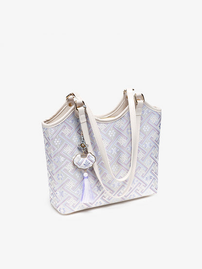 Refined Brocade Vegan Eco-Leather Tote Clutch Bag with Intricate Tassel Charm