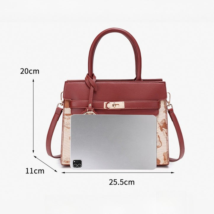 Classic Floral Vegan Eco-Leather Tote Clutch Bag with Metal Ornament Charm