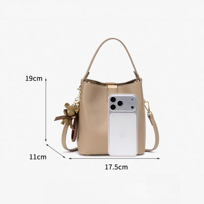 Minimalist Pebbled Vegan Eco-Leather Bucket Clutch Bag with Bear Charm