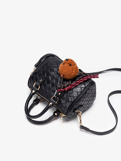 Exquisite Woven Vegan Eco-Leather Boston Clutch Bag with Playful Teddy Charm