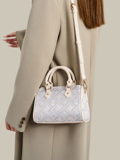 Refined Oriental Brocade Motif Vegan Eco-Leather Boston Clutch Bag