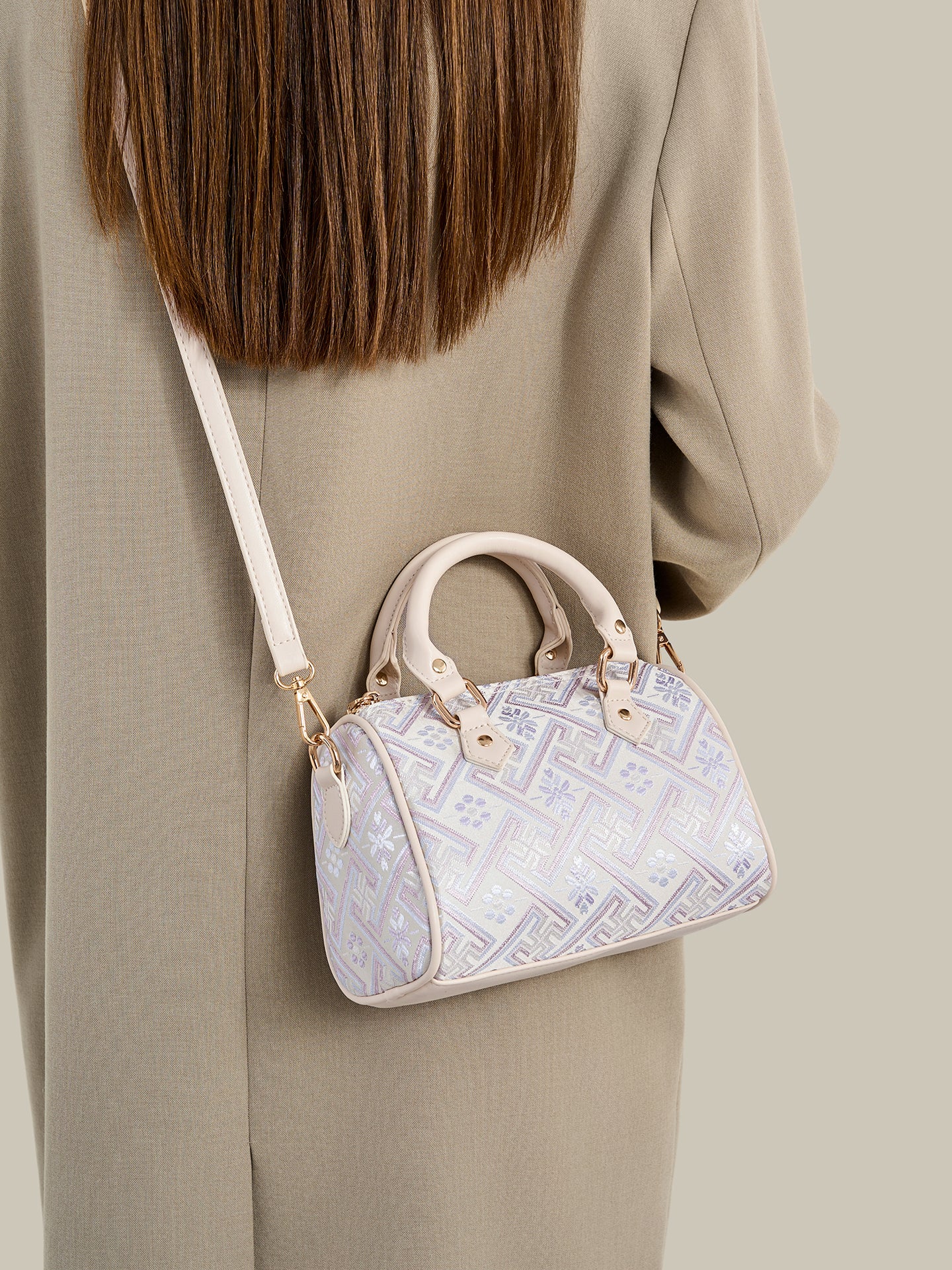 Refined Oriental Brocade Motif Vegan Eco-Leather Boston Clutch Bag