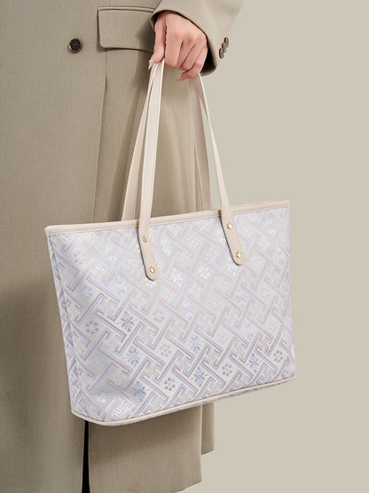 Graceful Oriental Motif Geometric Vegan Eco-Leather Tote Bag
