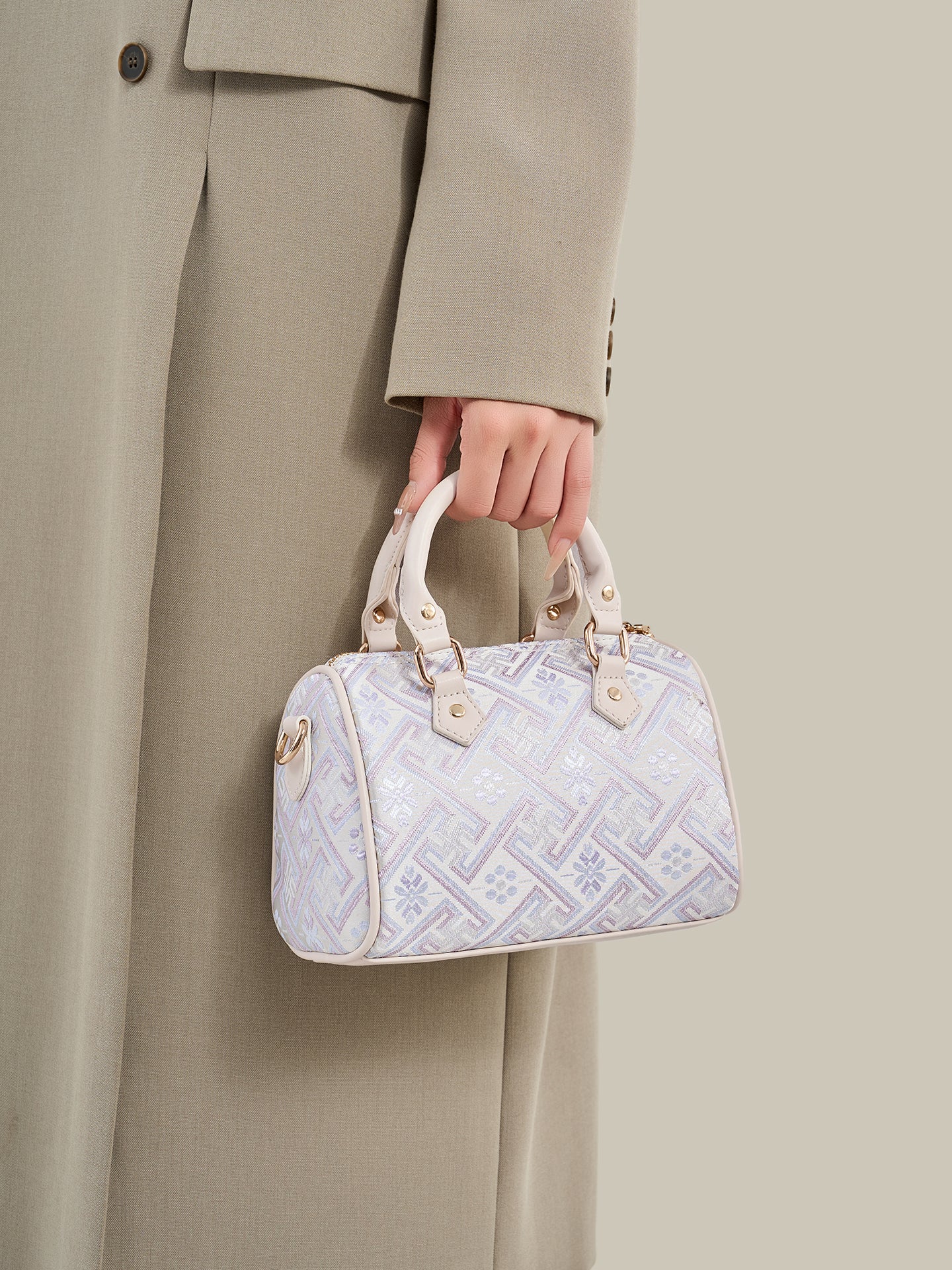 Refined Oriental Brocade Motif Vegan Eco-Leather Boston Clutch Bag