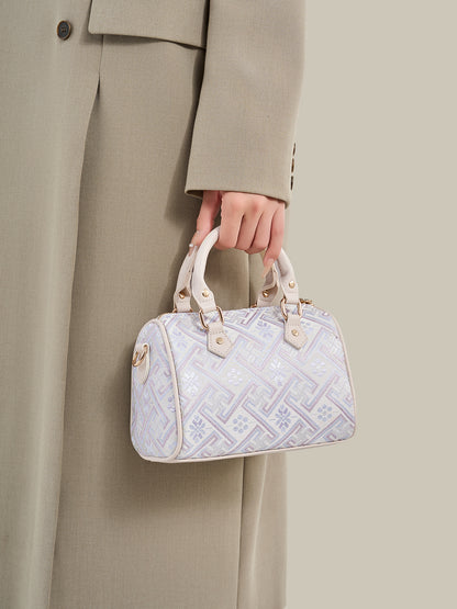 Refined Oriental Brocade Motif Vegan Eco-Leather Boston Clutch Bag