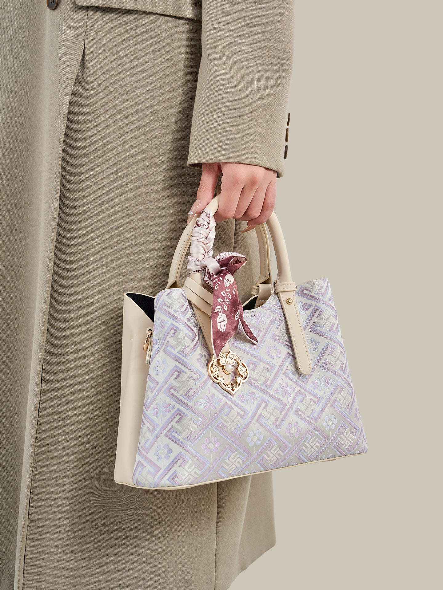 Oriental Brocade Motif Vegan Eco-Leather Mini Tote Clutch Bag