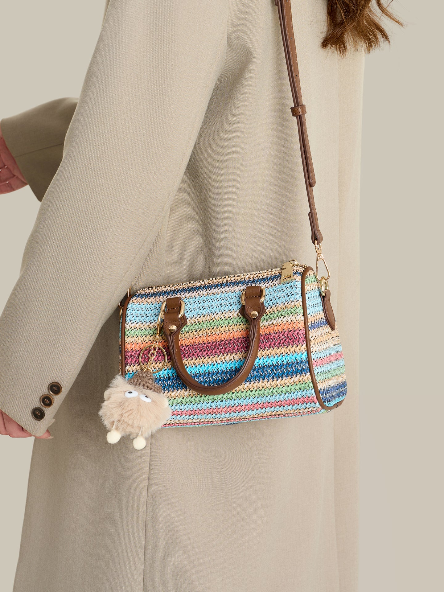 Romantic Striped Woven Vegan Eco‑Leather Mini Boston Clutch Bag