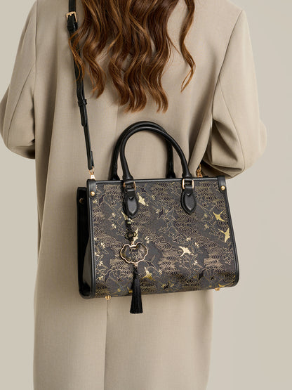 Mystic Crane Motif Vegan Eco-Leather Satchel Clutch Bag