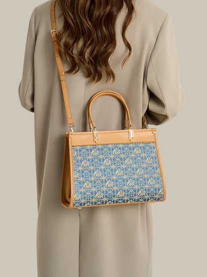 Ornate Geometric Golden Elephant Motif Vegan Eco-Leather Satchel Clutch Bag